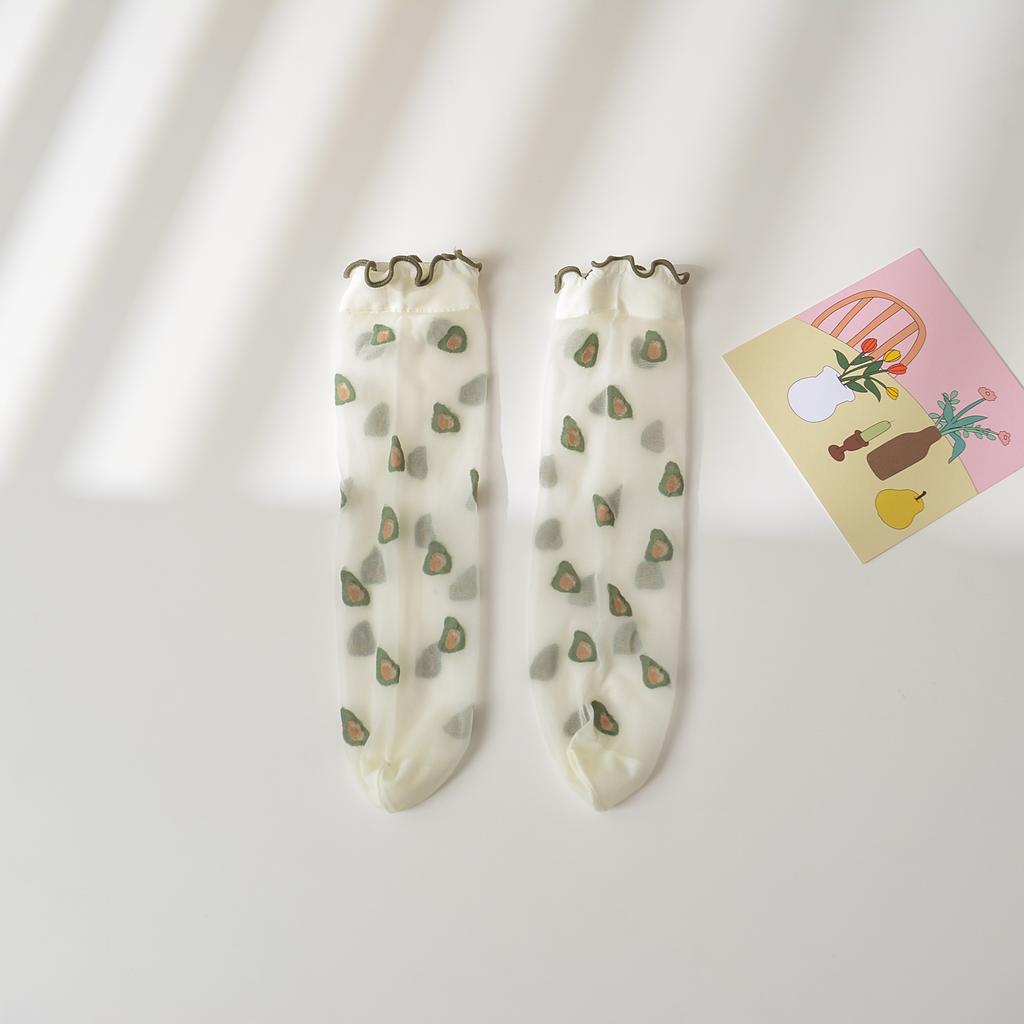 Girls Strawberry Embroidered Lace Over Knee High Socks Thin Transparent Floral Princess Kids Long Stockings