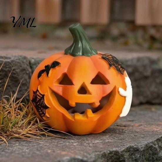 Halloween Party Centerpieces Spooky Lighted Pumpkin Figurine, Engraved Light-Up Resin LED Lights for Porch Statue Tabletop Indoor Outdoor Garden Patio