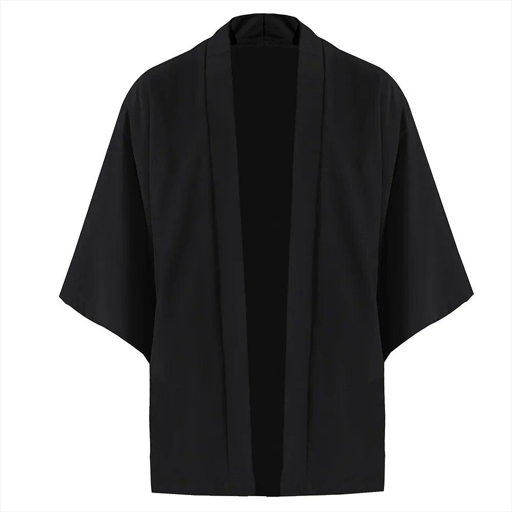 Herre Japansk Kimono Skjorter Afslappet Åben Strik Letvægts Yukata Mode Sort Cardigan 3/4 Ærme Ydertøj til Sommerferie
