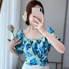 WTEMPO Brand Summer Women's Square Neck Short-sleeved Collar Exposed Collarbone Floral Shirt Design Niche Back Hollow Straps Short Tops