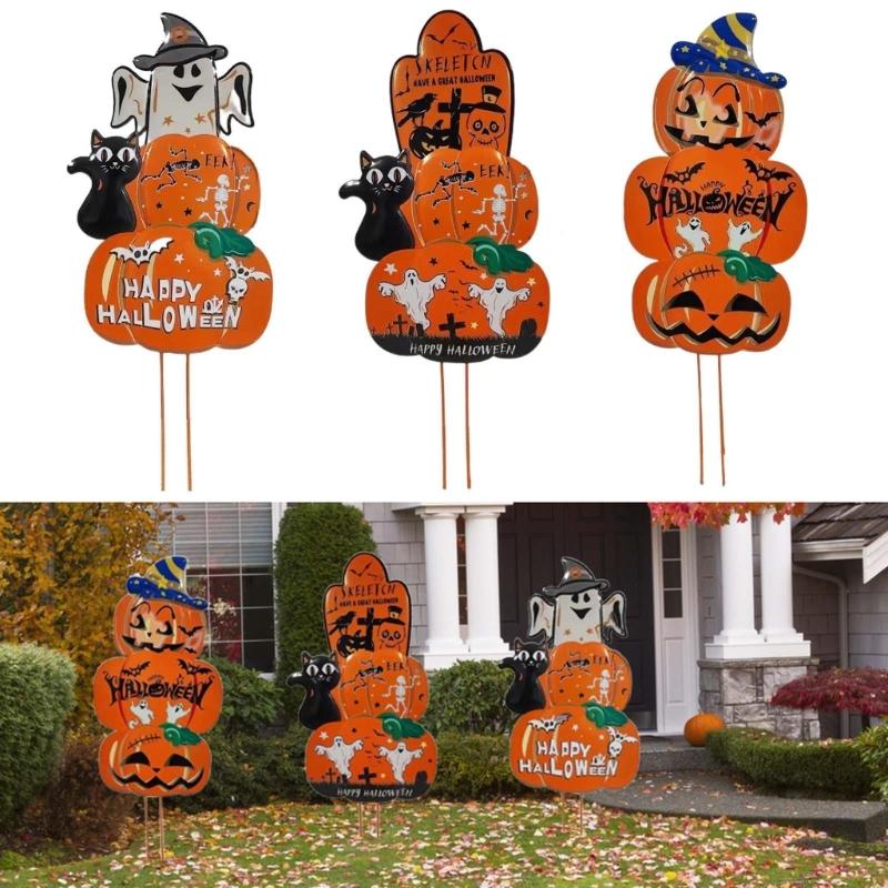 Halloween Pumpkin Metal Stakes Spooky Garden Yard Signs Outdoor Party Decoration for Haunted House Party Lawn Decoration
