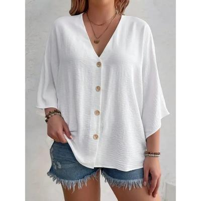 V-Ausschnitt Große Größe Lässig Locker Damenhemd Einfarbige Frühling und Sommer T-Shirt Lässige Knöpfe Oberteil Mode Elegant Einfache Bluse Süß Bürokleidung