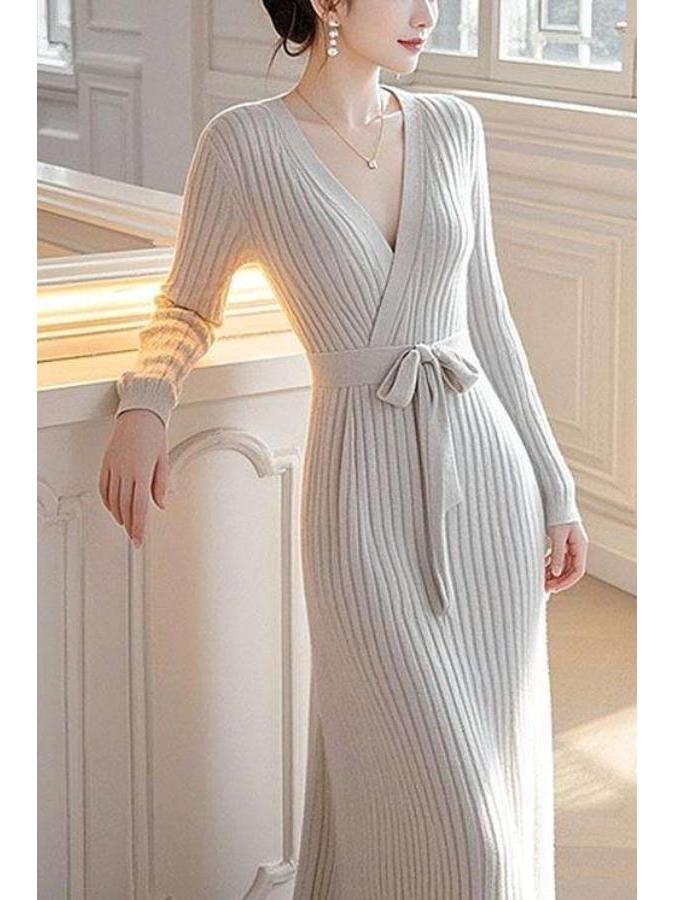 Elegantes französisches Strick-Bodycon-Kleid mit langen Ärmeln - Herbst Winter Unifarben