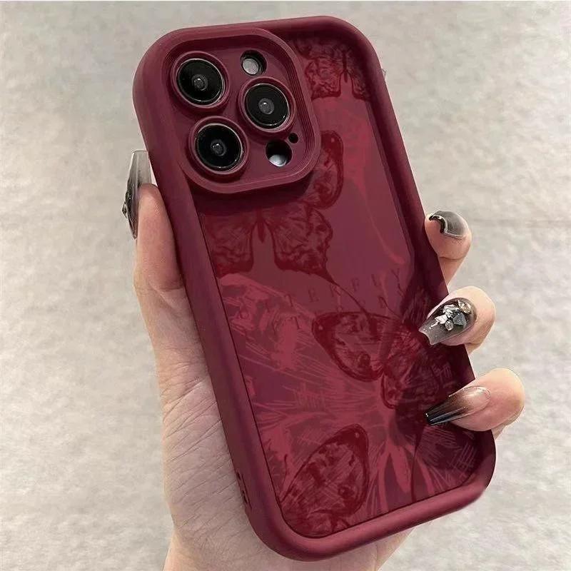 

Butterfly Maroon Soft Silicone Grooved Cover For iPhone 15 14 13 12 11 16 Pro Max XS X 7 8 Plus Anti-Fall Protective Phone Case iPhone 15