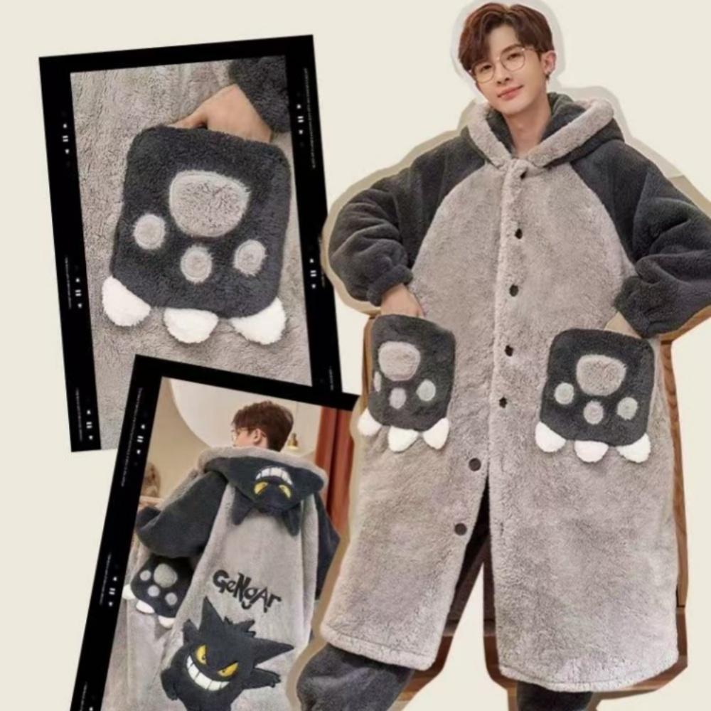 Autumn and Winter Pajamas Suit Men Coral Fleece Nightgown Winter Large Size of Thickened Warm Cartoon Hooded Home Clothes Set