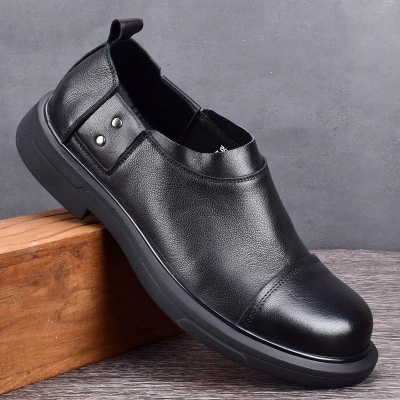 Leather First-Layer Cowhide Men'S Shoes Black Round Head Leather Shoes Men'S Breathable Trendy Shoes Personalized Business Blue Big Head Shoes