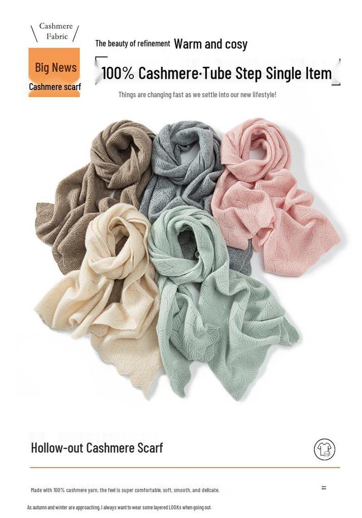 Korean Style Women's 100% Cashmere Hollow Crochet Knit Scarf Shawl - Warm, Versatile Autumn Winter Accessory