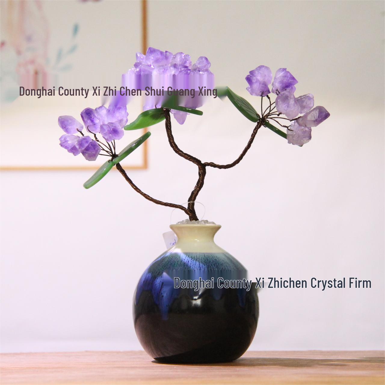Crystal Money Tree Welcome Pine: Purple, Yellow & Pink Chalcedony Feng Shui Ornament