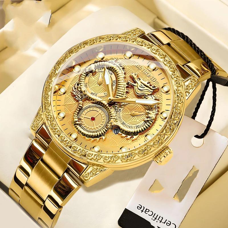 Top-Marke Dragon Watch Explosive Goldene Reliefuhr Herrenuhr Herren Drei-Augen Drache Leuchtend Wasserdicht Quarz-Uhr