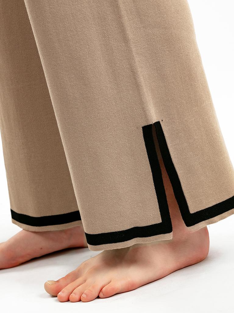 New Fashion Sweater Set Temperament Contrast Color Split Short-sleeved Knitwear + High Waist Slimming Wide-leg Trousers Long Pants Two-piece Set