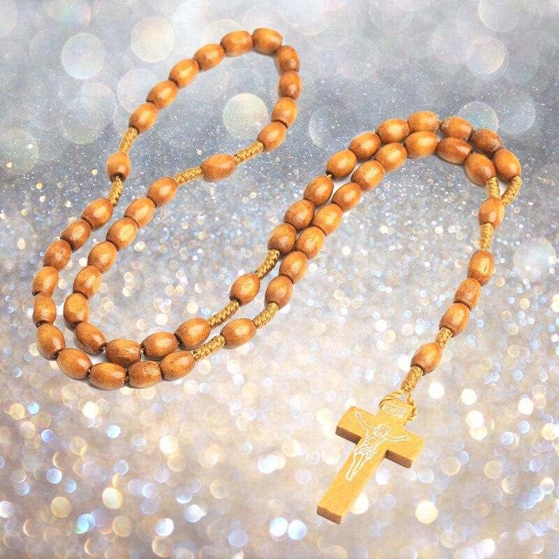 Holzperlen Kreuz Anhänger Rosenkranz Halskette Katholisch Christlich Religiös Jesus Halsketten Männer Frauen Schmuck Anhänger
