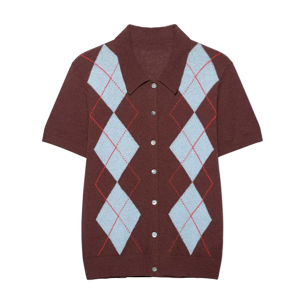 

2025 Spring/Summer Women s Slim Fit Diamond Pattern Knit Polo Top Large