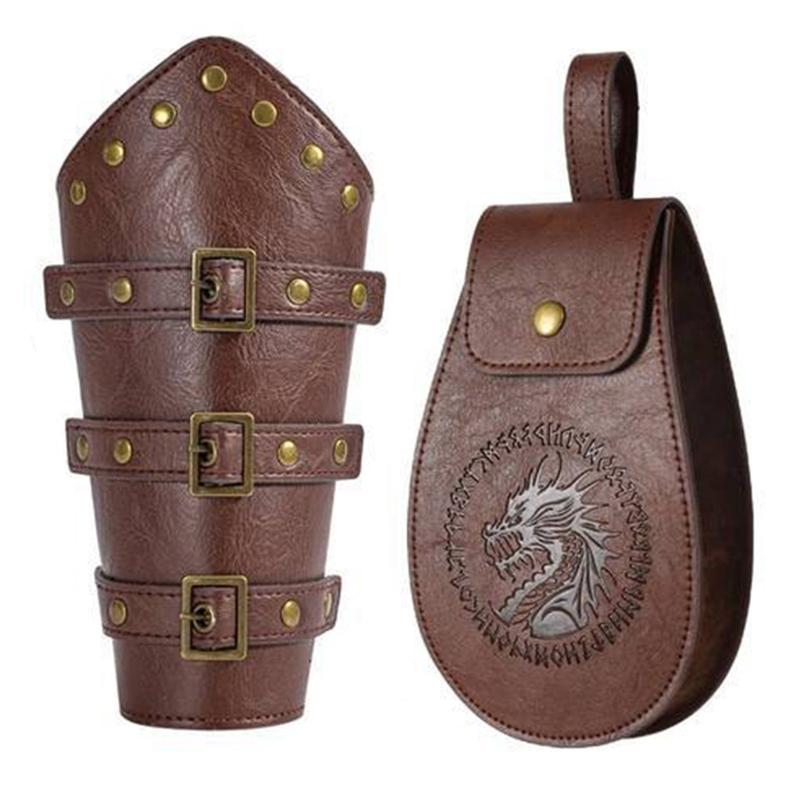 Renaissances Vikinges Costume Accessories,Medieval Pirate Leather Bracers Belt Pouch Halloween Renaissances Cosplay Costume