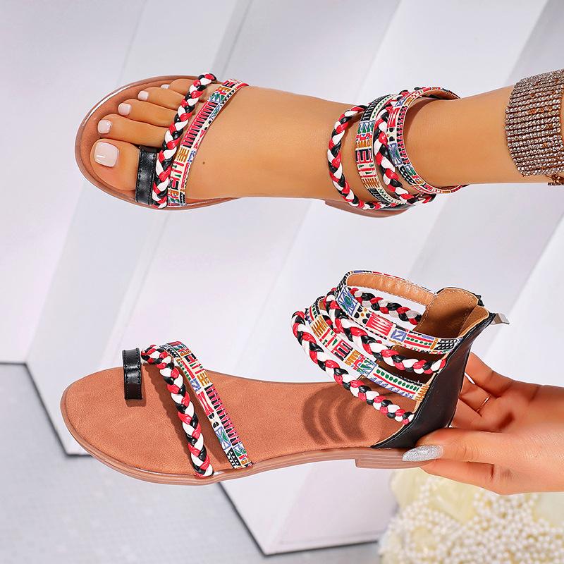 Fashion 2025 Ladies Summer Fashional Bohemia Ethnic Colorful Stitching Roman Style Open Toe Zipper Women Flat Fancy Sandals Beach Shoes
