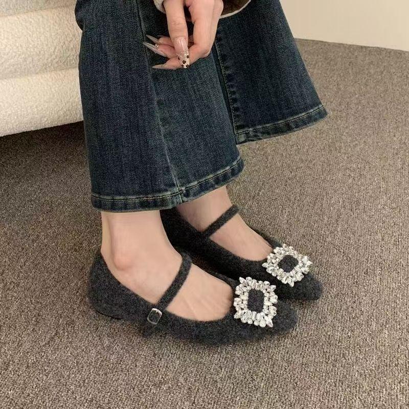 2025 Winter New Inner Height Increase Gray Outer Wear Mary Jane Fluffy Shoes Women's Rhinestone Single Shoes Thick-soled Velvet Cotton Shoes