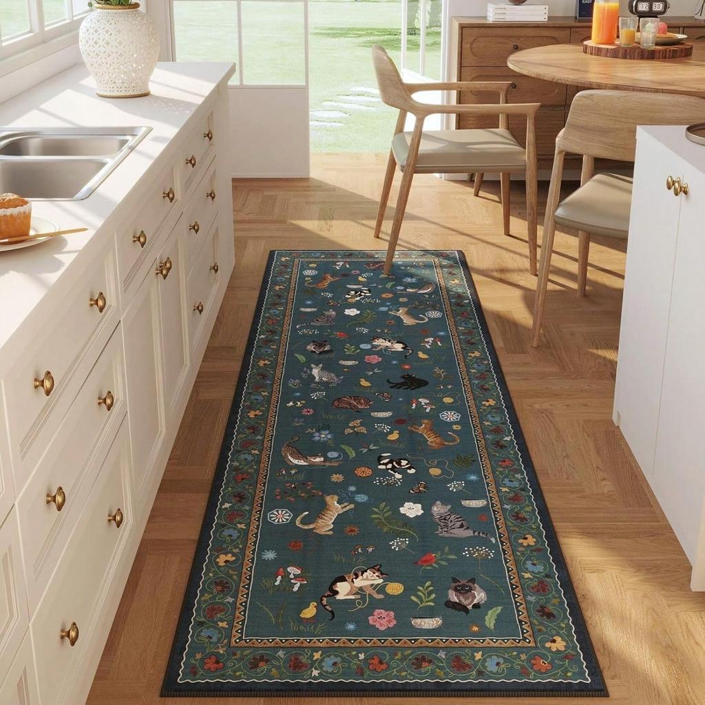 Cartoon Cat Pattern Carpet Mat Rug Colorful Home Decoration for Kitchen Living Room Floor Decor with Flower Butterfly Design