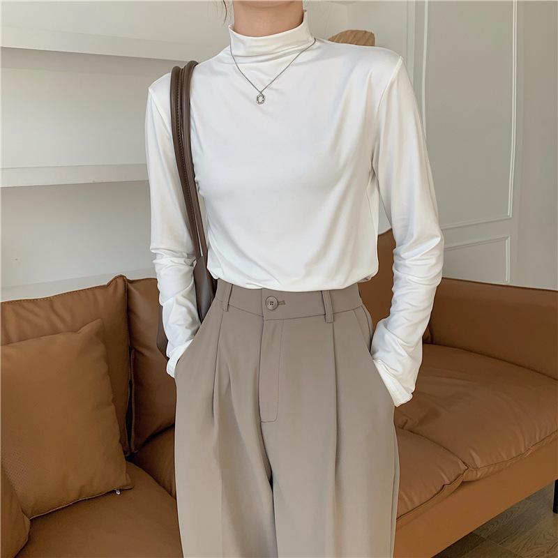 

Осенний однотонный облегающий базовый топ для девочек, теплый с длинными рукавами и полувысоким воротником ONE SIZE белый