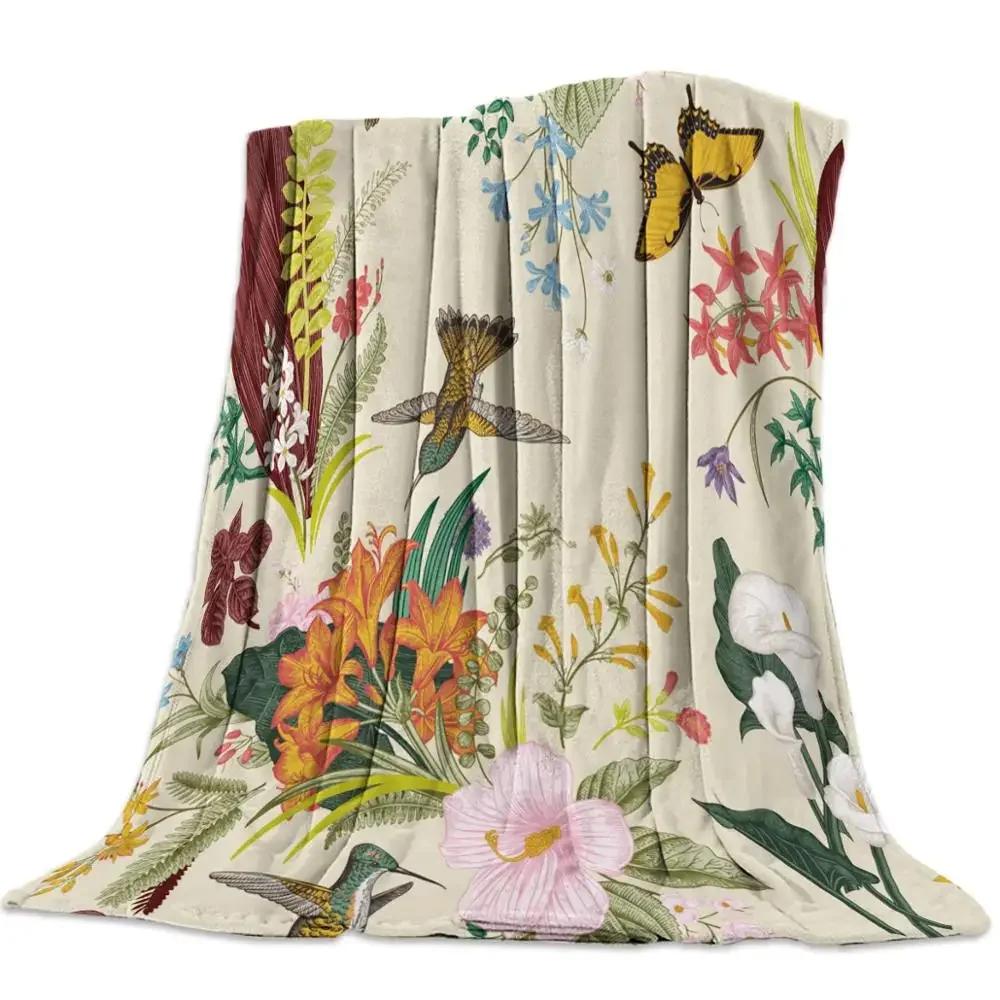 Flannel Blanket for Bed Garden Vintage Flower Bird Butterfly Throw Blanket Portable Soft Blanket Warm Sofa Bed Sheets King Size