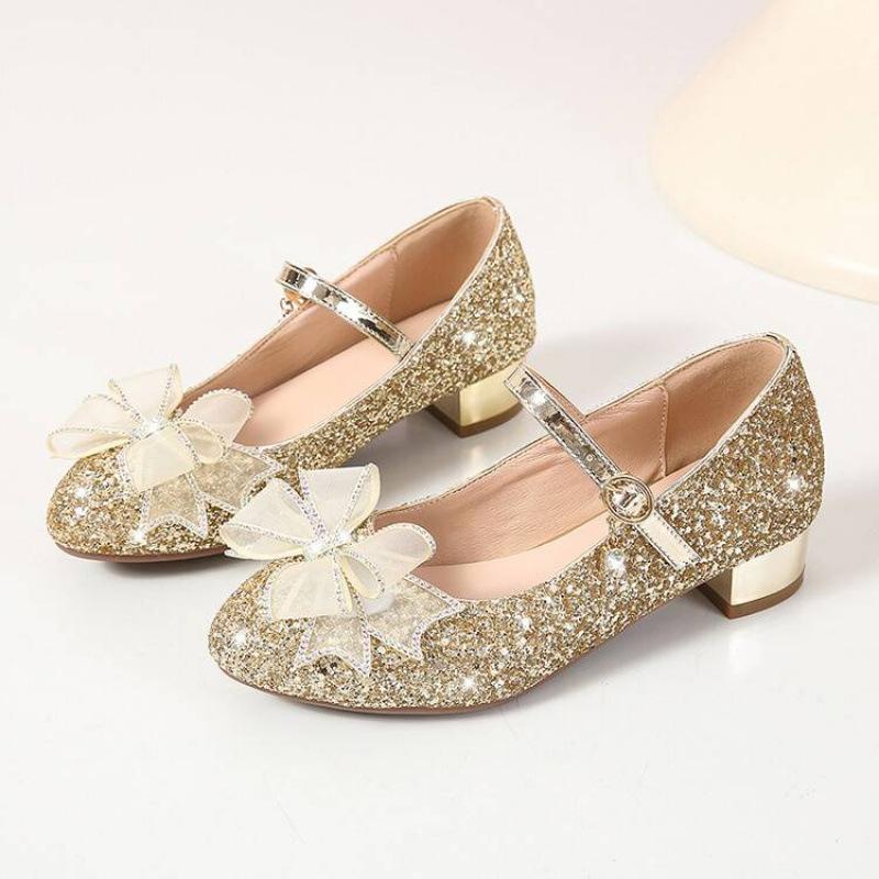 New Middle-aged Children's Soft Leather Princess Shoes Comfortable Sequins Buckle Girl Student Bow Show Catwalk Children's Single Shoes