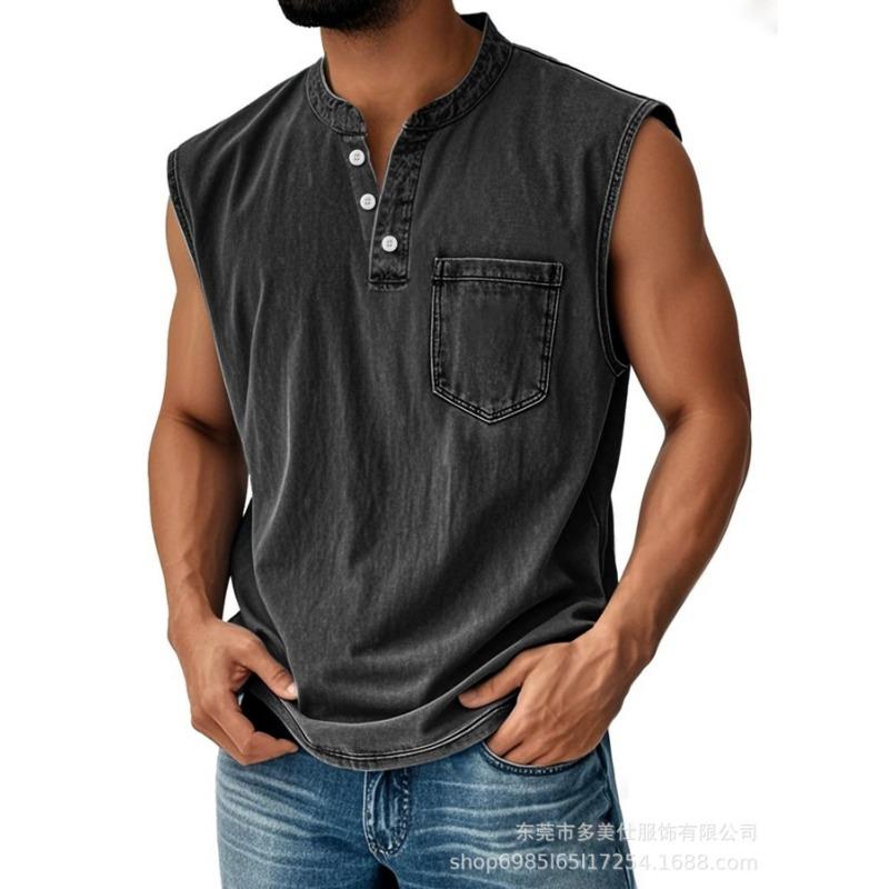 Mens Casual Washed Denim Sleeveless Henley Neck Tank Top With Pocket S