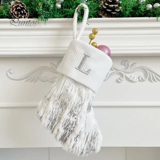1Pc Christmas White Stocking Letter Embroidery Knitted Handmade Reusable Xmas Tree Hanging Gift Bag Stocking Pendant Party Holiday Decoration