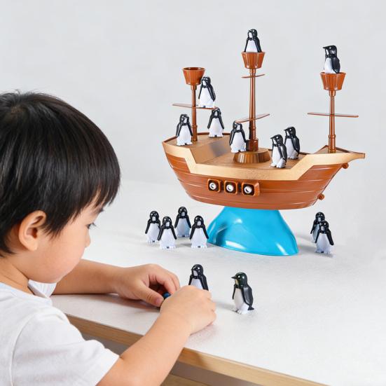 Penguin Pirate Ship Balance Thinking Focus Interactive Balance Tower Training Multi-player Toy Logic Board Game Toddlers