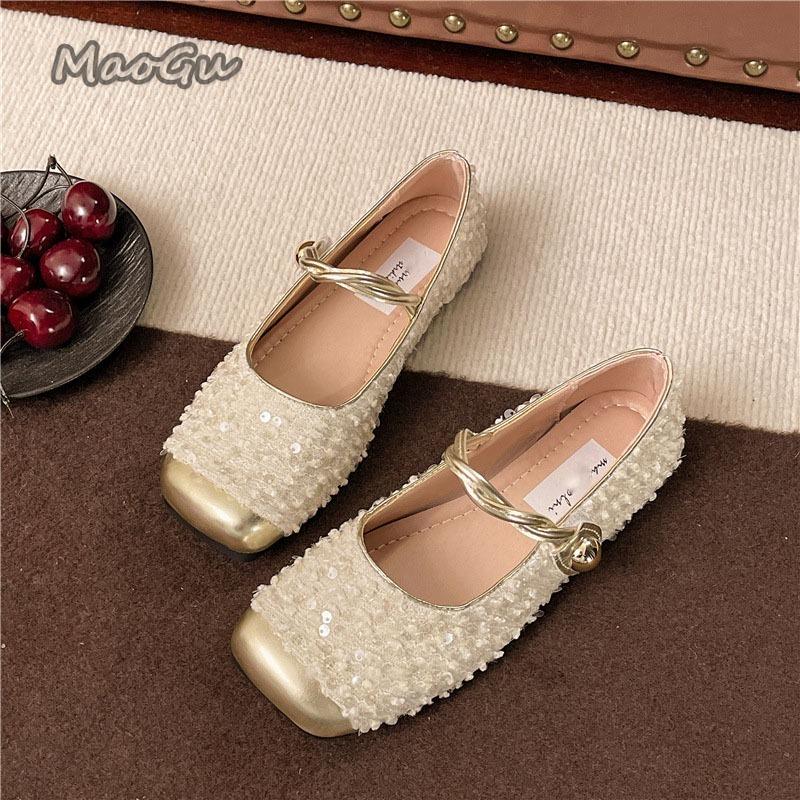 French Glitter Bling Mid Heel Pumps Women's Fashion Slip-on Footwear Comfortable Office Ladies Mary Janes Buckle Strap Casual