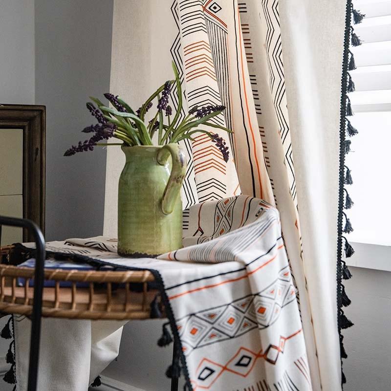 Tribal Style Bohemian Cream Cotton Linen Printing Sunshade Free Perforated Living Room Bedroom Kitchen Window Curtain Cloth