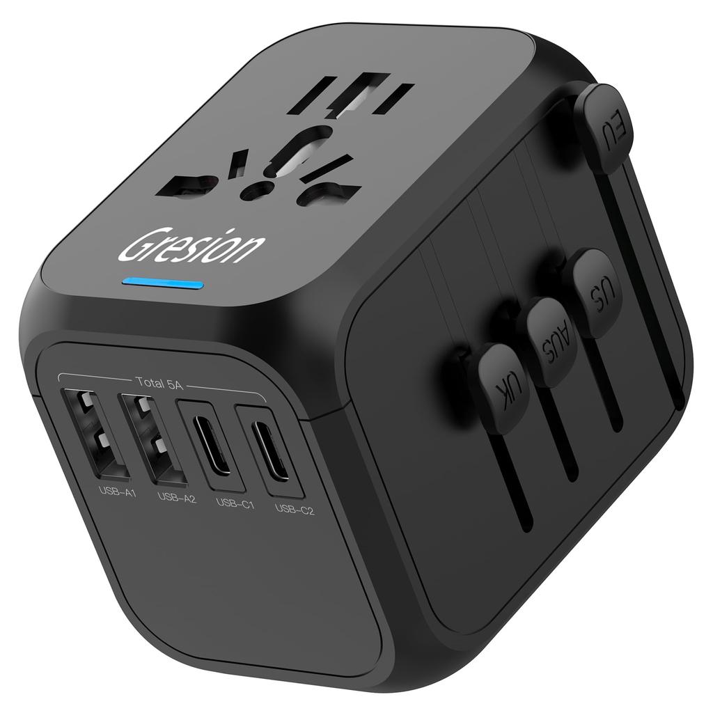 Gresion Multi-Purpose Conversion Plug for International Travel, Charges 5 Devices Simultaneously, Compatible with MacBook, iPad, iPhone, Android,
