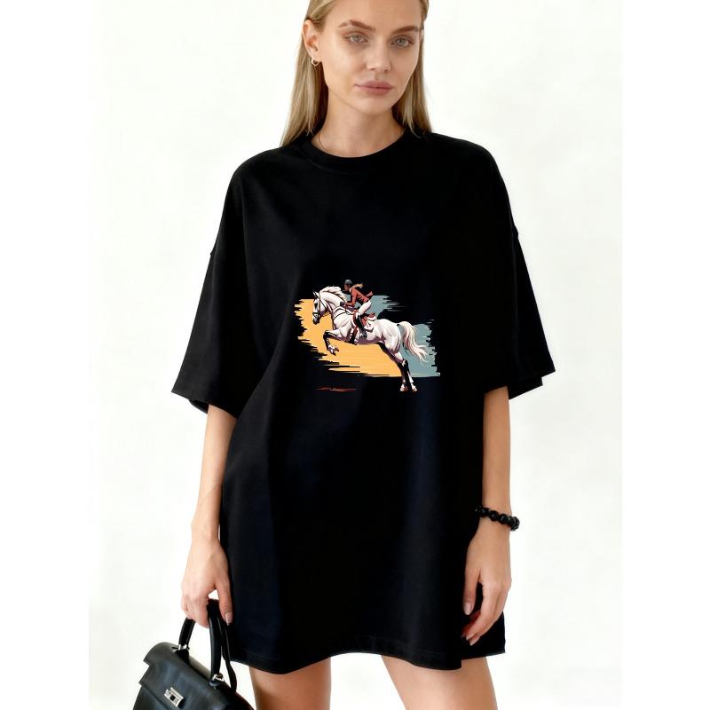 Oversized T Shirt Dress Black Horse Riding Graphic Print Casual Wear For Women