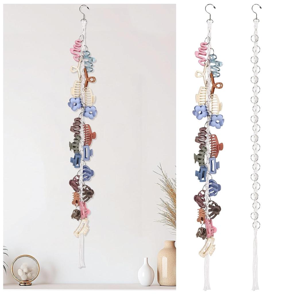 SNOWSTAR Macrame Hair Claw Clip Organizer with Rotating Hook and 20 Metal Rings,Hanging Hair Clip Holder and Storage for Women Girls,Claw Clips