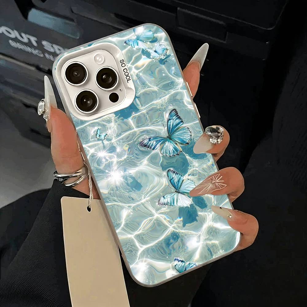 Blue Butterfly Ocean Wave Phone Case For iPhone 17,16,15,14,13,12,11 Plus,Pro Max,XS,white Silver Phone Case