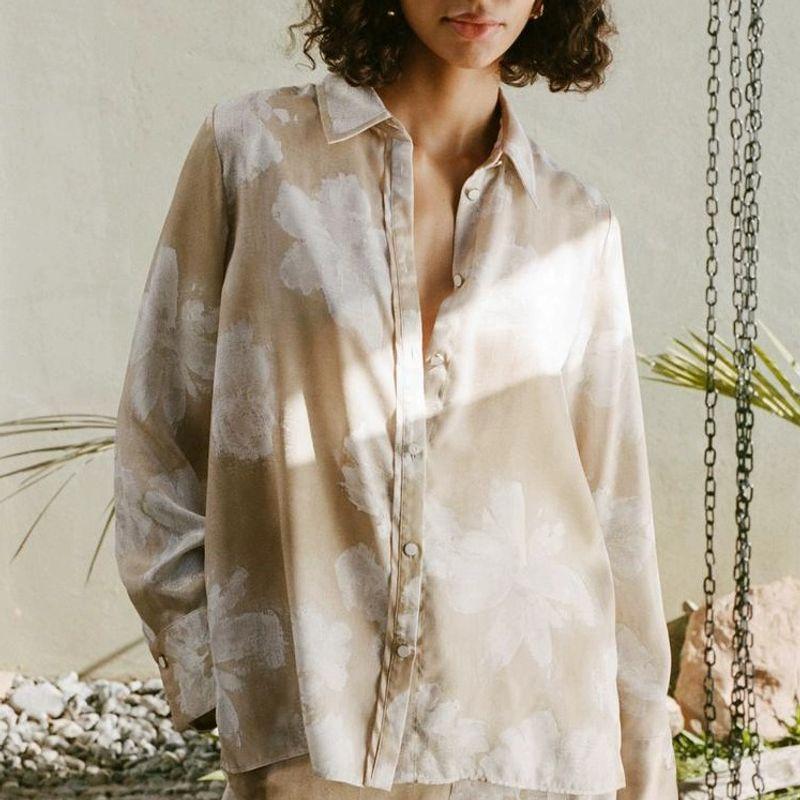 Spring New Two-Piece Suit Casual Pants 8799175 Flowers Print Silk Satin Textured Shirt 8925171