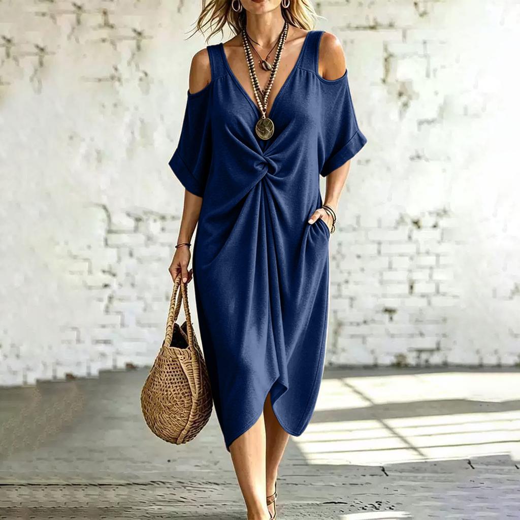 Women's V-Neck Off-Shoulder Midi Dress with Pockets Loose Fit Casual
