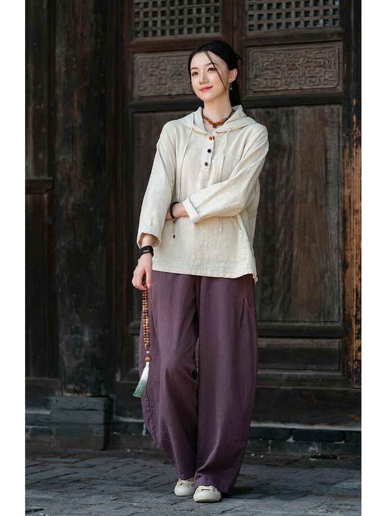 Artistic Retro Women's Long-Sleeved Hooded Linen Pullover Sweatshirt - Loose Casual Washed Cotton Top