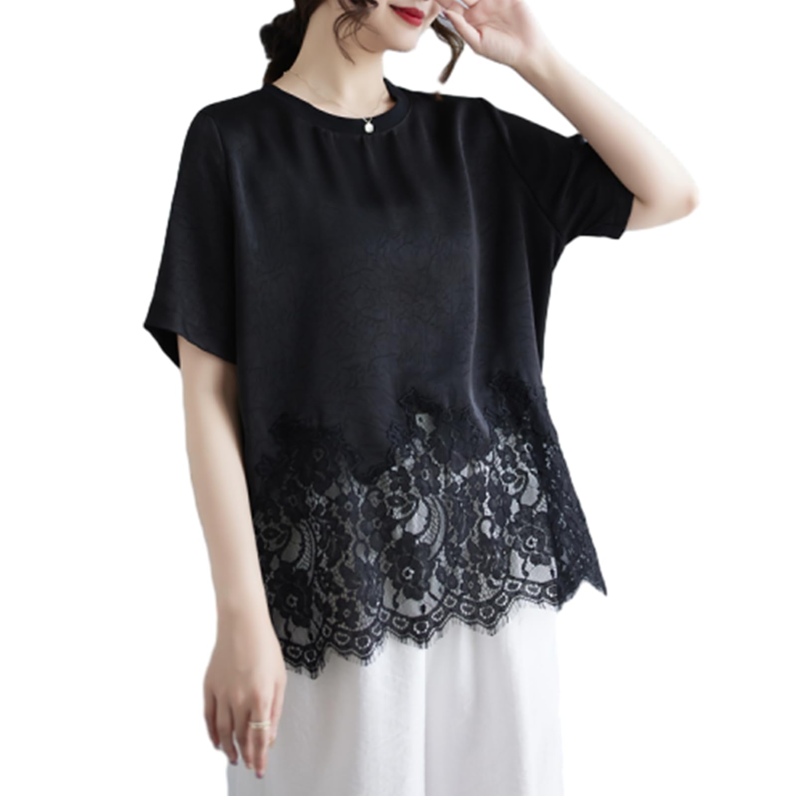 

JoccKorr Короткий Круглый Свободный Плюс Идеально для Лета Женская Футболка, Блузка, Рукав, Воротник, Ажурный, Кружевной, Цветочный, Вышитый, Однотонный, Лоскутный, чёрный