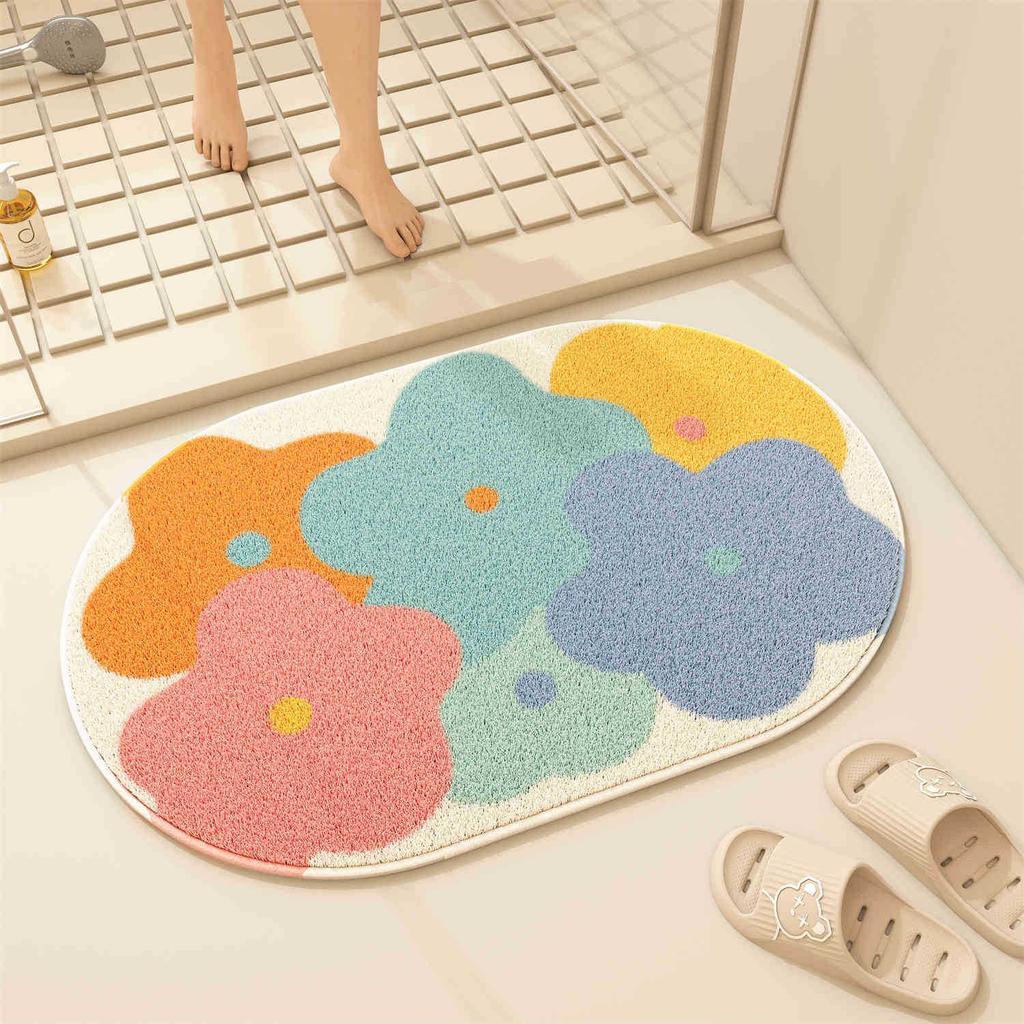 Cartoon Blume Badezimmer Bodenmatte, Duschraum, Wasseraufnahme an der Tür, Rutschfeste Imitat-Kaschmir-Bodenmatte, Haushalt Pflegeleicht