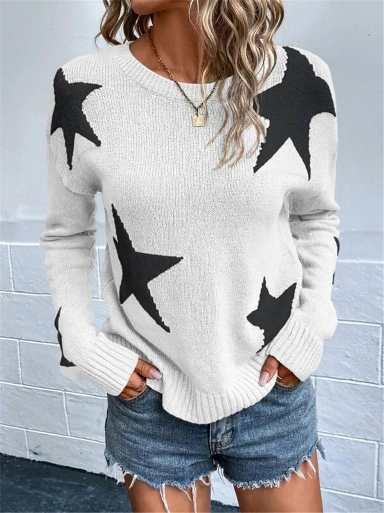 2026 European Loose Round Neck Star Pattern Long Sleeve Knit Pullover Sweater.