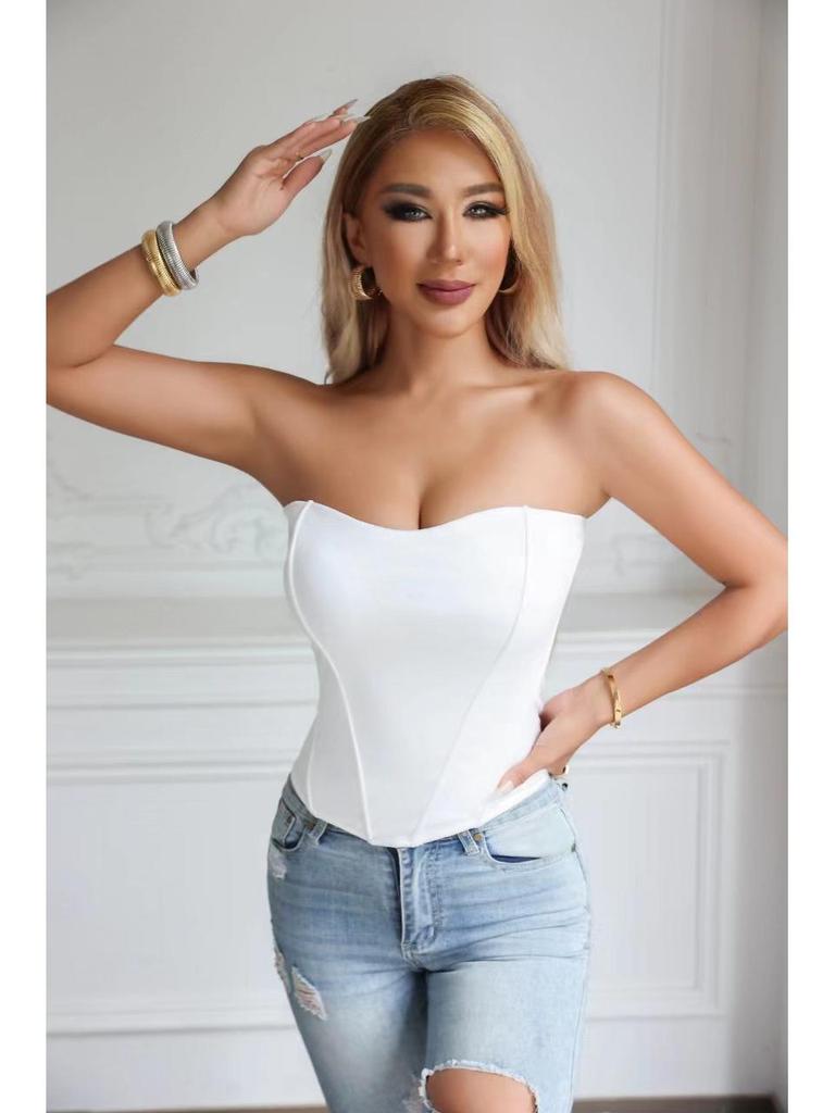 European & American Style High Waist Fishbone Tube Top with Breast Pads for Women