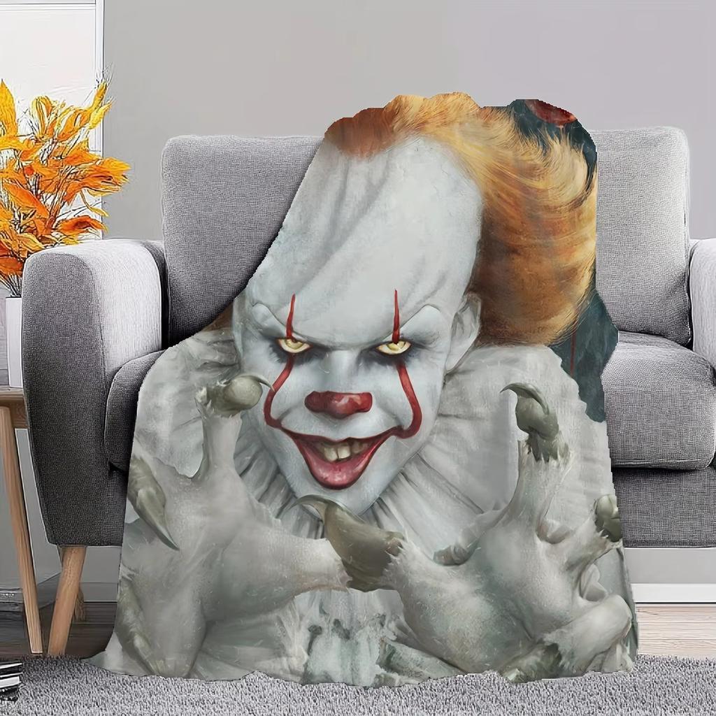 VIKAMA Clown Returns Pennywise Scary Cover Blanket Redhead Clown Bloodstained Smiley Dark Red Balloon Halloween Party Blanket