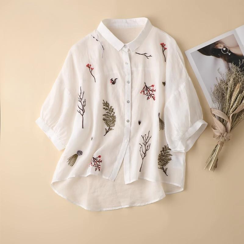 

Summer Seven Point Cotton Linen Embroidered Shirt for Ladies Literary Loose TemperaMant Lapel Casual Top for Ladies Tops M белый