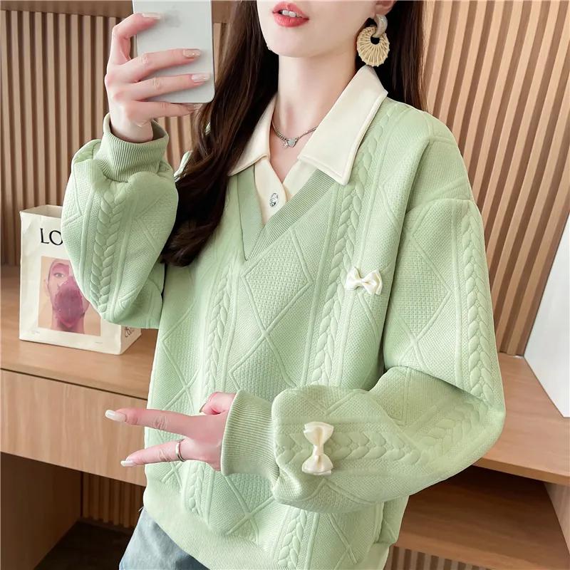 Women's Decor Polo Knit Sweater Loose Long-Sleeve Casual Pullover Hoodies