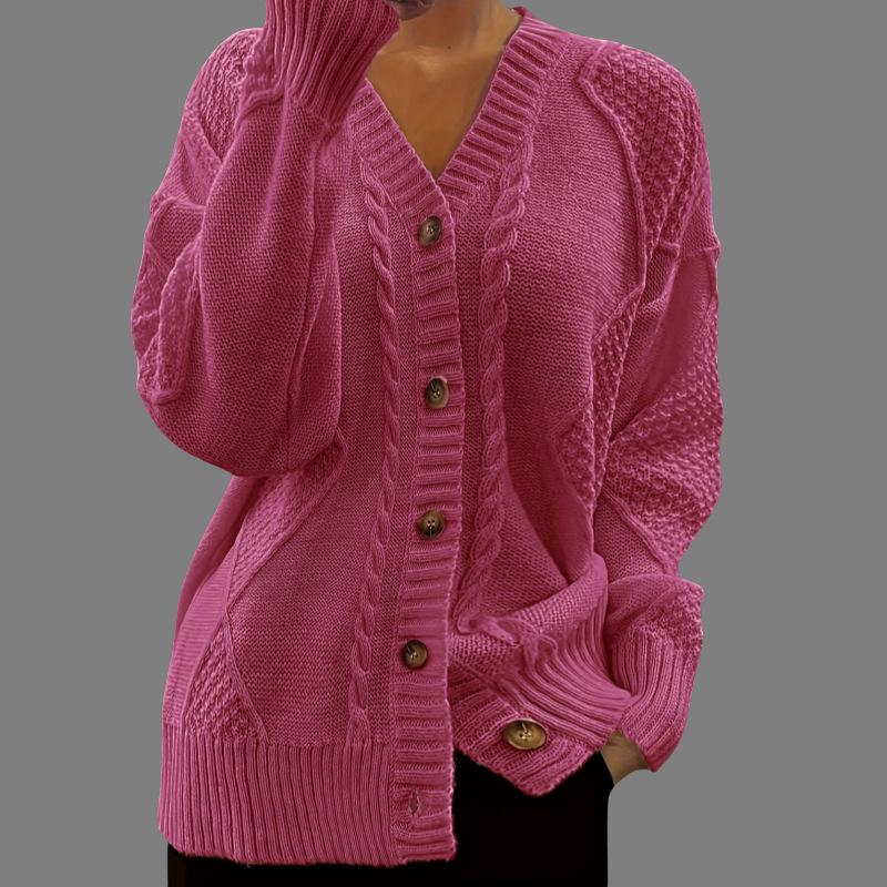 Women's Solid Color V-Neck Long Sleeve Knit Cardigan Jacquard Sweater for Autumn and Winter