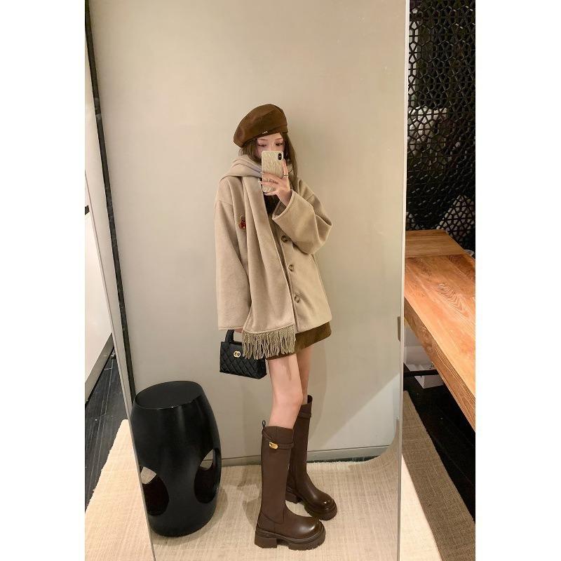 Skinny Boots~ Small Gold Buckle Diagonal Thick Bottom Velvet Medium and High Boots Female Knight Boots