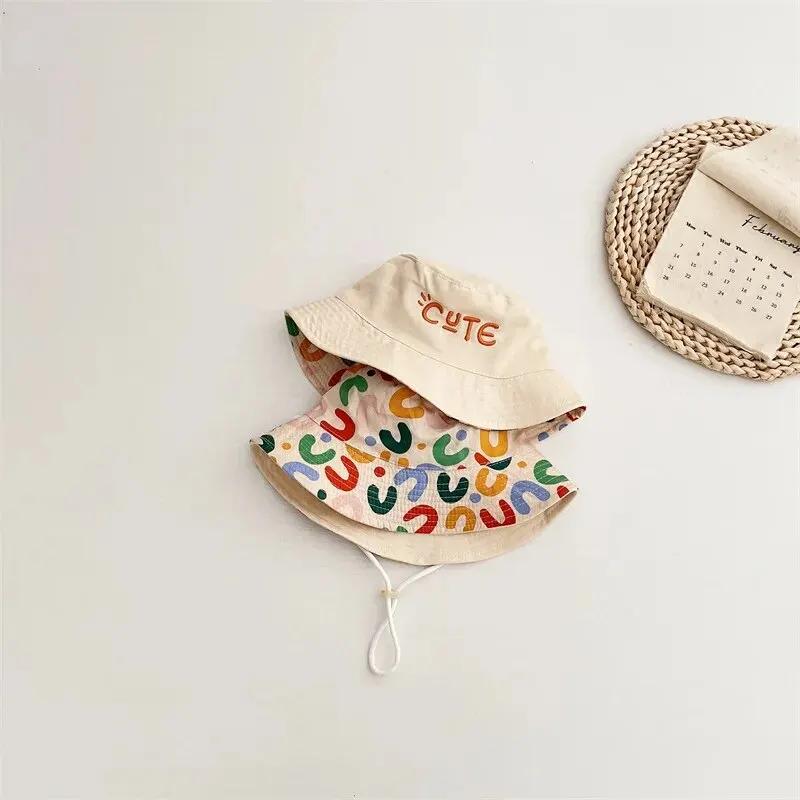 Boys Girls Fisherman Cap Spring Summer Outdoor Kids Sun HatDouble Sided Baby Bucket Hat Letter Embroidered