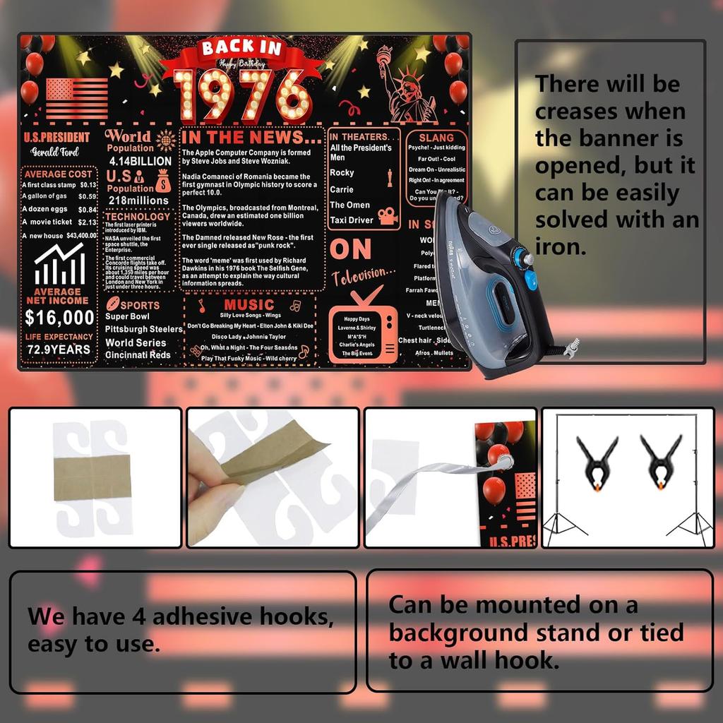 Back In 1976 Red and Black 50th Birthday Decorations Happy 50th Birthday Banner Vintage Birthday 50 Years Ago Backdrop Theme Decor 50th Gifts for Man