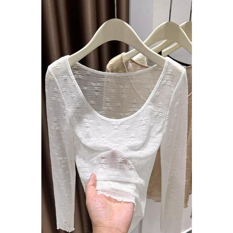 

Женская весенняя блузка-топ с текстурой, кружевная, с V-образным вырезом, с длинным рукавом, прозрачная S