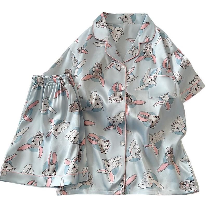 Cartoon Cute Bunny Cold Silk Cool Summer Pajamas Female Casual Temperament Ins Short-Sleeved Suit