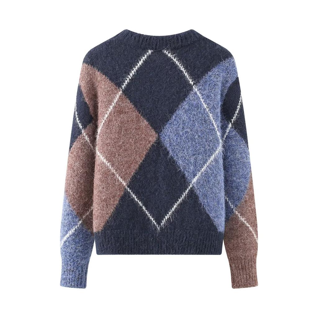 European and American style, new women's clothing, foreign style, fashionable, casual fashion long-sleeved rhombus knitted sweater