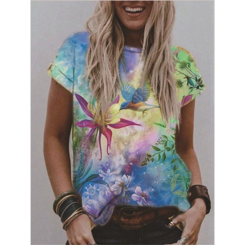 Summer Round Neck 3D Flower Print Top Fashionable Casual Short Sleeved Women's T-shirts